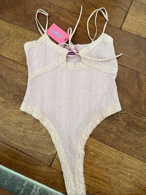 Edikted Pale Pink Lace-Trim Ribbed Bodysuit